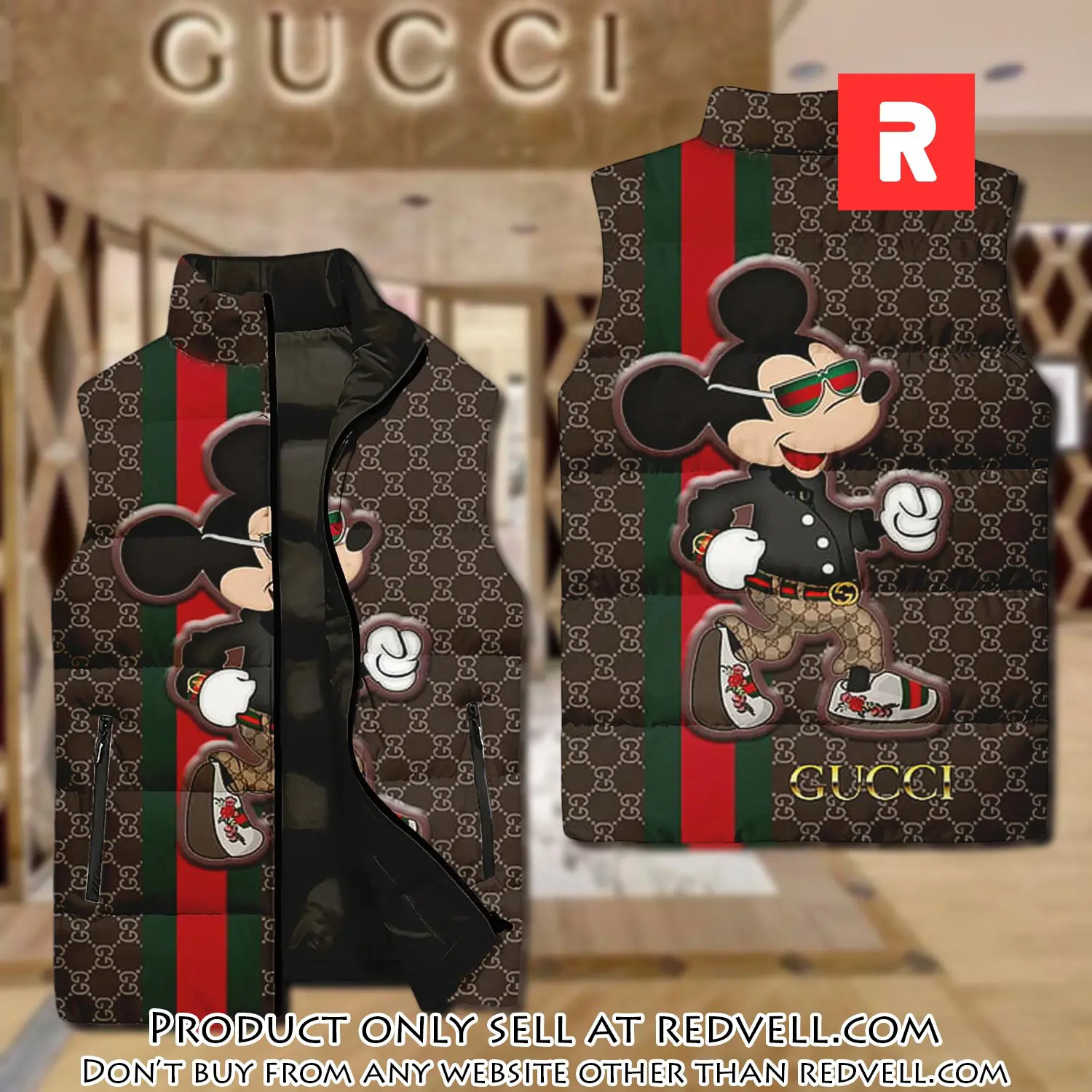 Gucci mickey mouse brown luxury brand 3d sleeveless down jacket rv5338826